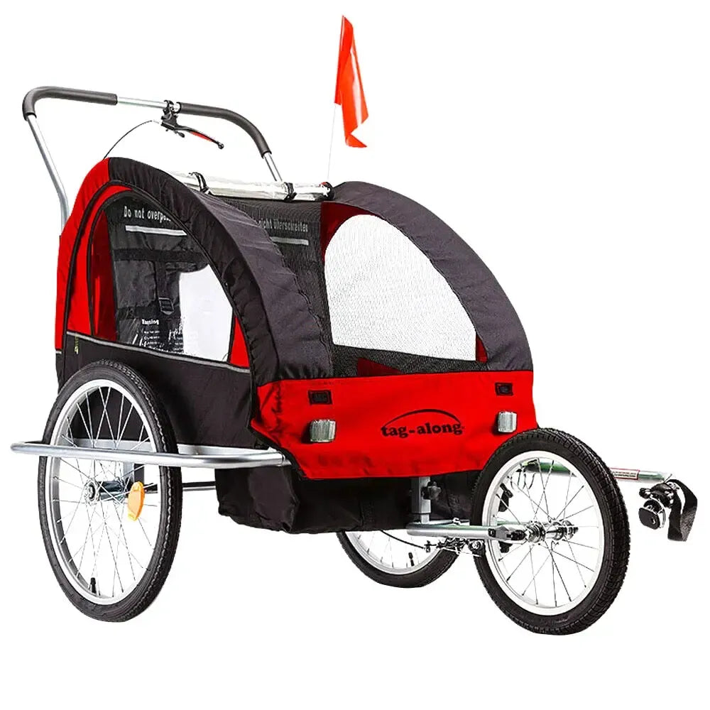 Red convertible kids bike trailer and jogger with wheel reflectors