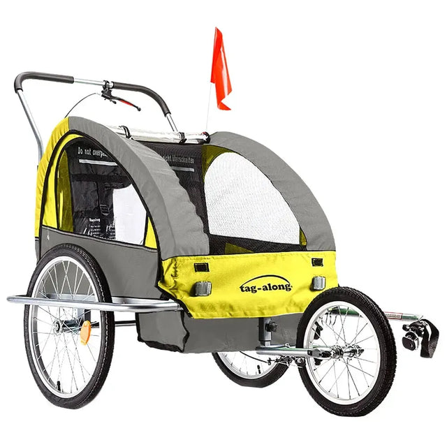 Yellow convertible kids bike trailer and jogger with safety flag