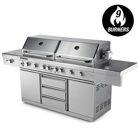 Manjimup 9 burner stainless steel gas BBQ with blue LED controls for large gatherings