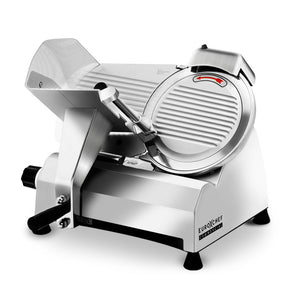 Commercial electric meat slicer with 250 mm stainless steel blade and carriage