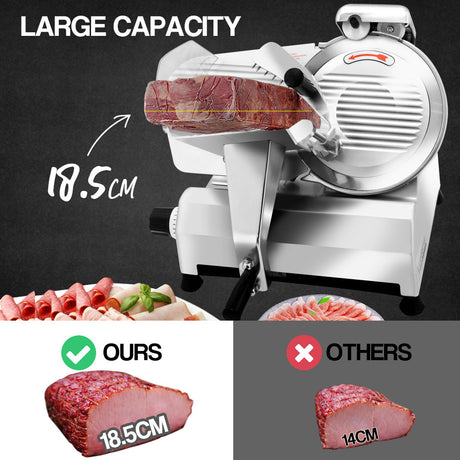 Carriage of the commercial slicer holding a large piece of smallgoods