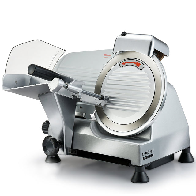 Commercial electric meat slicer with 200 mm stainless steel blade and carriage