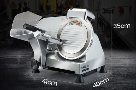 Front view of the 280 W meat slicer showing thickness adjustment dial
