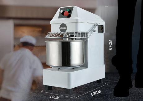 Front view of the spiral dough mixer showing bowl and spiral hook