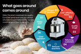 Pizza dough being kneaded in the spiral mixer bowl