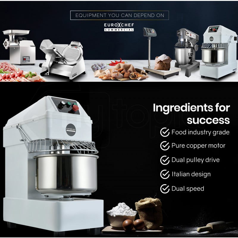 Front view of 30 L spiral dough mixer showing control panel and timer dial