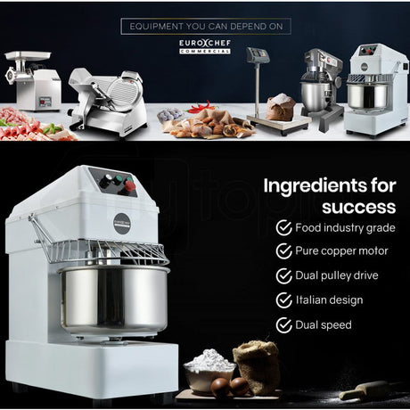 Front view of 30 L spiral dough mixer showing control panel and timer dial
