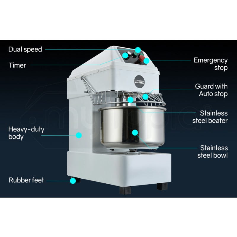 Dough being kneaded in the 30 litre spiral mixer bowl