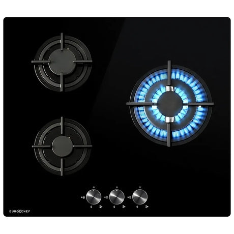 60 cm three burner gas cooktop with black tempered glass and cast iron trivets