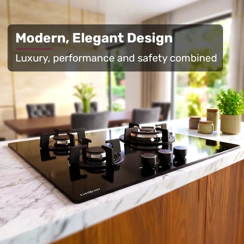Control knobs on the front of the 60 cm black glass gas cooktop