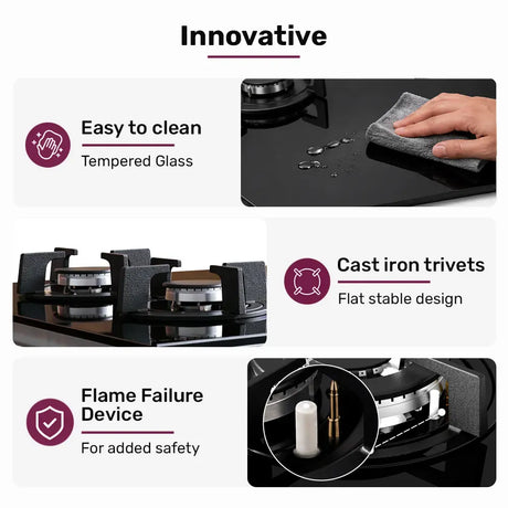 Cast iron trivets removed from the black tempered glass gas cooktop