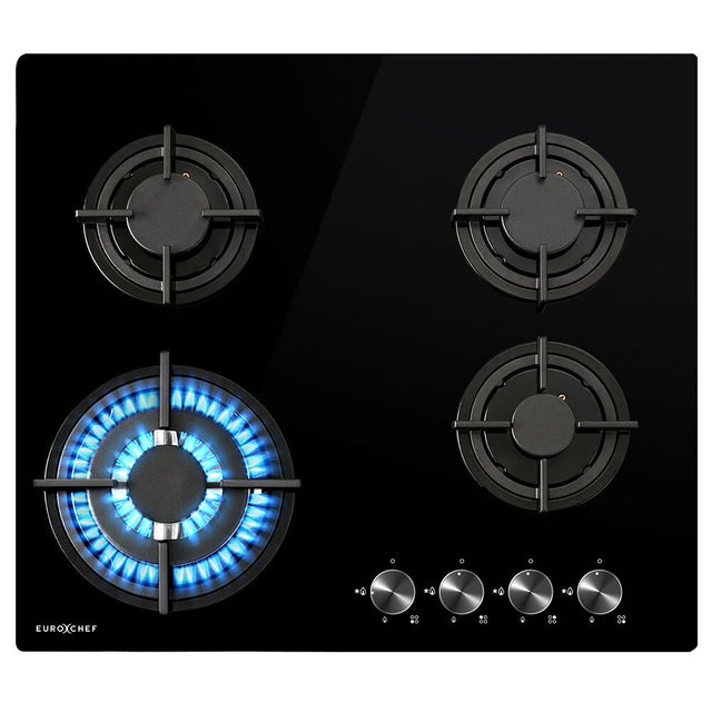 60 cm four burner gas cooktop with black tempered glass and cast iron trivets
