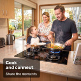 Front control knobs on the 60 cm black glass four burner gas cooktop