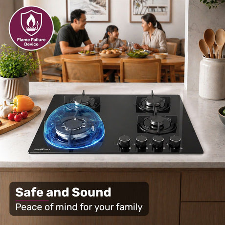 Four burner gas cooktop installed in a kitchen benchtop with burners alight