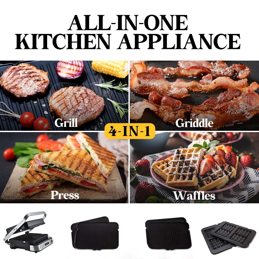 Contact grill opened flat to 180 degrees showing ribbed and flat cooking plates