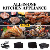 Contact grill opened flat to 180 degrees showing ribbed and flat cooking plates
