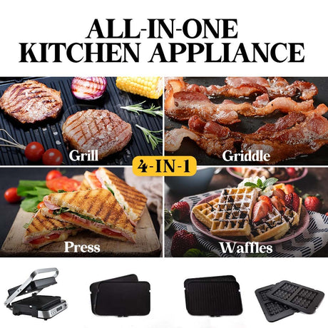 Contact grill opened flat to 180 degrees showing ribbed and flat cooking plates