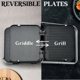Contact grill pressing a panini between ribbed non stick plates
