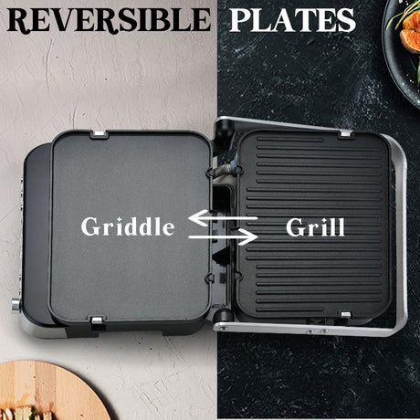 Contact grill pressing a panini between ribbed non stick plates