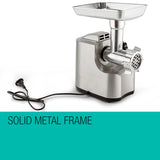 Front view of the brushed aluminium MG850 meat grinder with die cast hopper