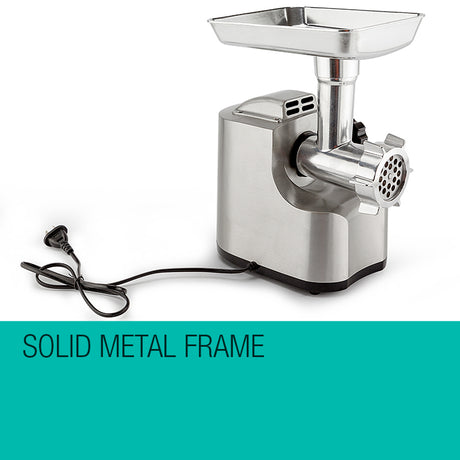 Front view of the brushed aluminium MG850 meat grinder with die cast hopper