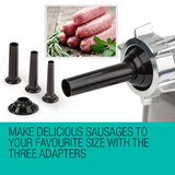 Three sausage tube attachments supplied with the MG850 meat grinder
