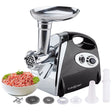 Black electric meat grinder with stainless steel head and feed tray