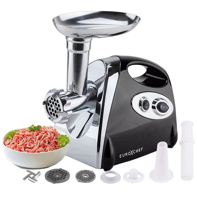 Black electric meat grinder with stainless steel head and feed tray