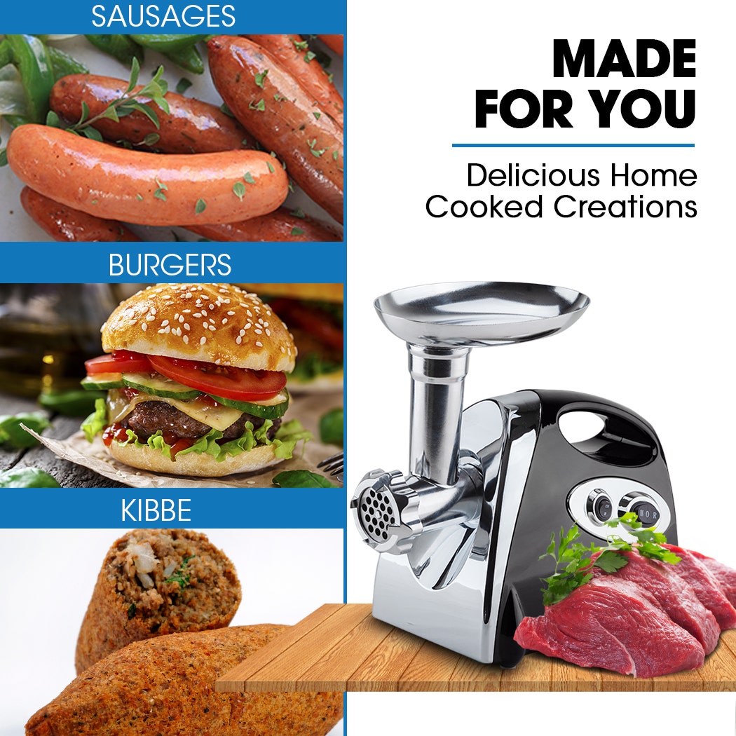 1800 W meat grinder shown with three grinding plates and attachments