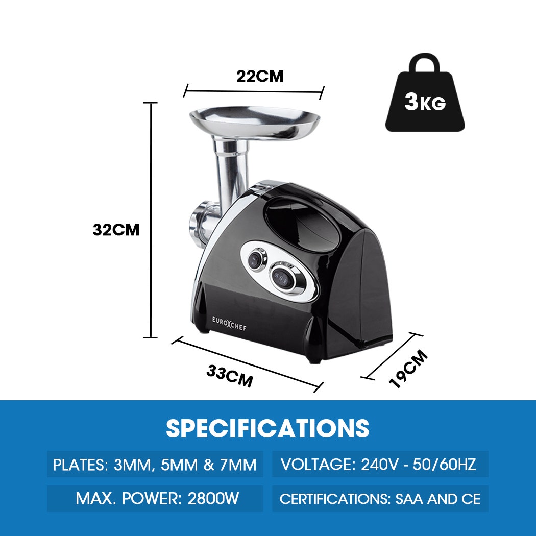 Food pusher and feed tray on top of the black electric meat grinder