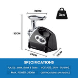 Food pusher and feed tray on top of the black electric meat grinder