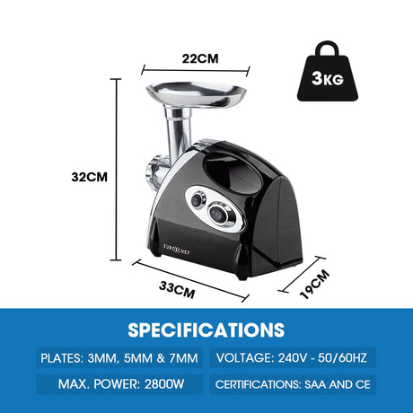 Food pusher and feed tray on top of the black electric meat grinder