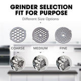 Three grinding plates in 3 mm, 5 mm and 7 mm supplied with the electric meat grinder