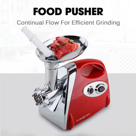 Sausage adapter attachment fitted to the red electric meat grinder