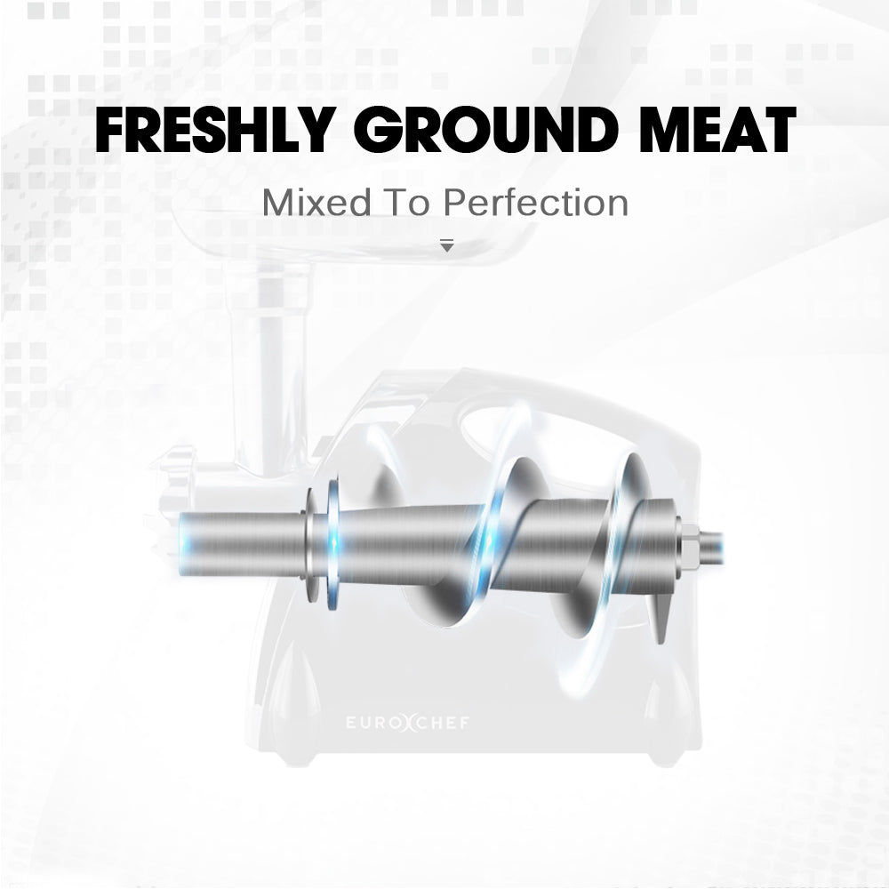 Food pusher feeding meat into the grinder feeding tray