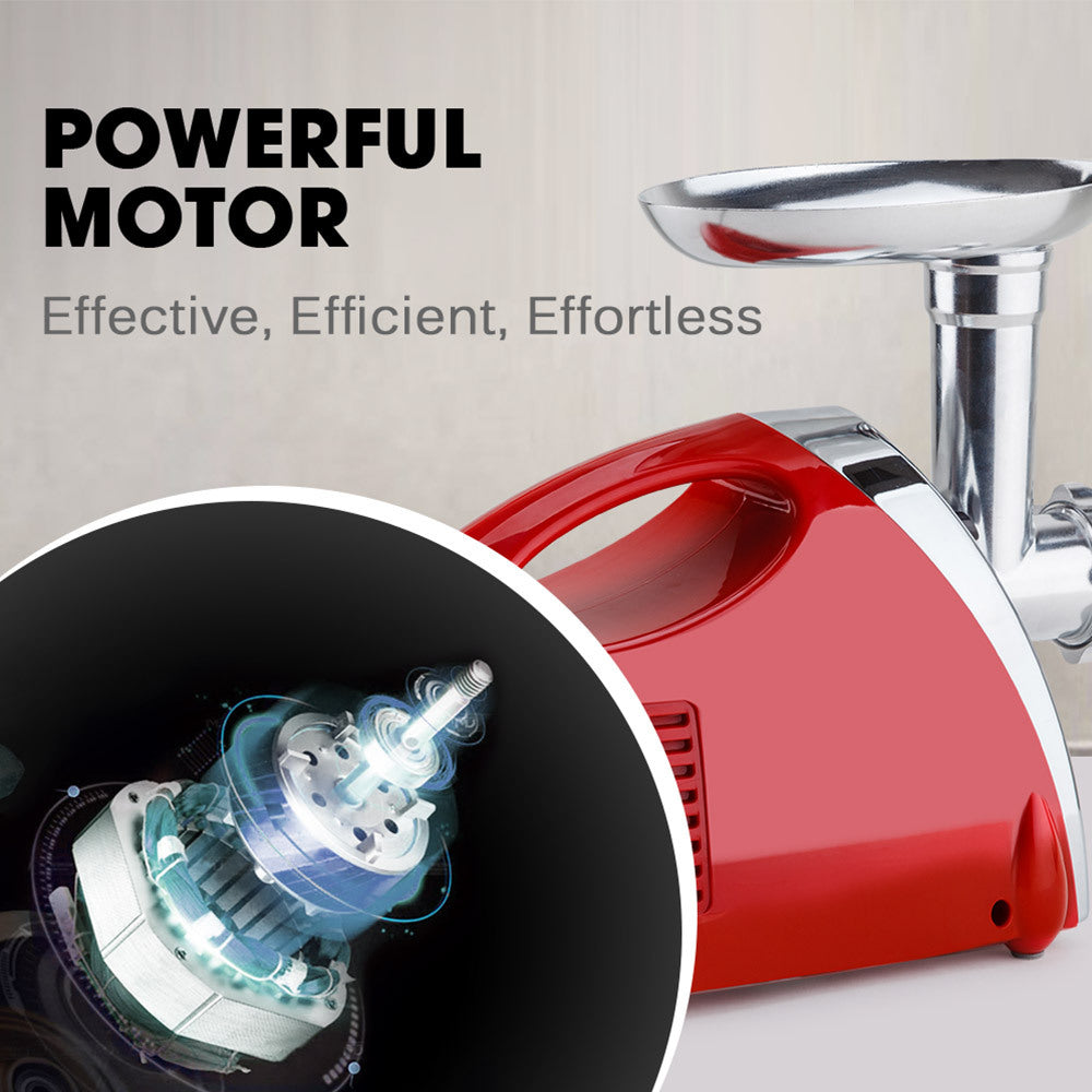 Red electric meat grinder with all included attachments laid out