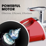 Red electric meat grinder with all included attachments laid out