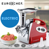 Electric meat grinder in red, front view showing feeding tray and grinding head