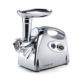 Silver electric meat grinder, 1800 W, with sausage filler and kibbe attachments