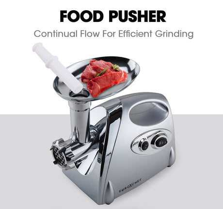 Sausage adapter attachment fitted to the silver electric meat grinder