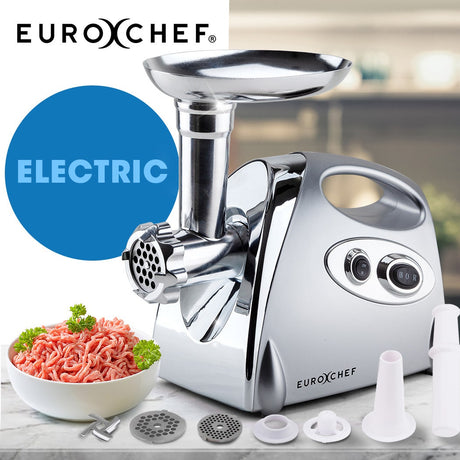 Front view of the silver 1800 W electric meat grinder with feeding tray