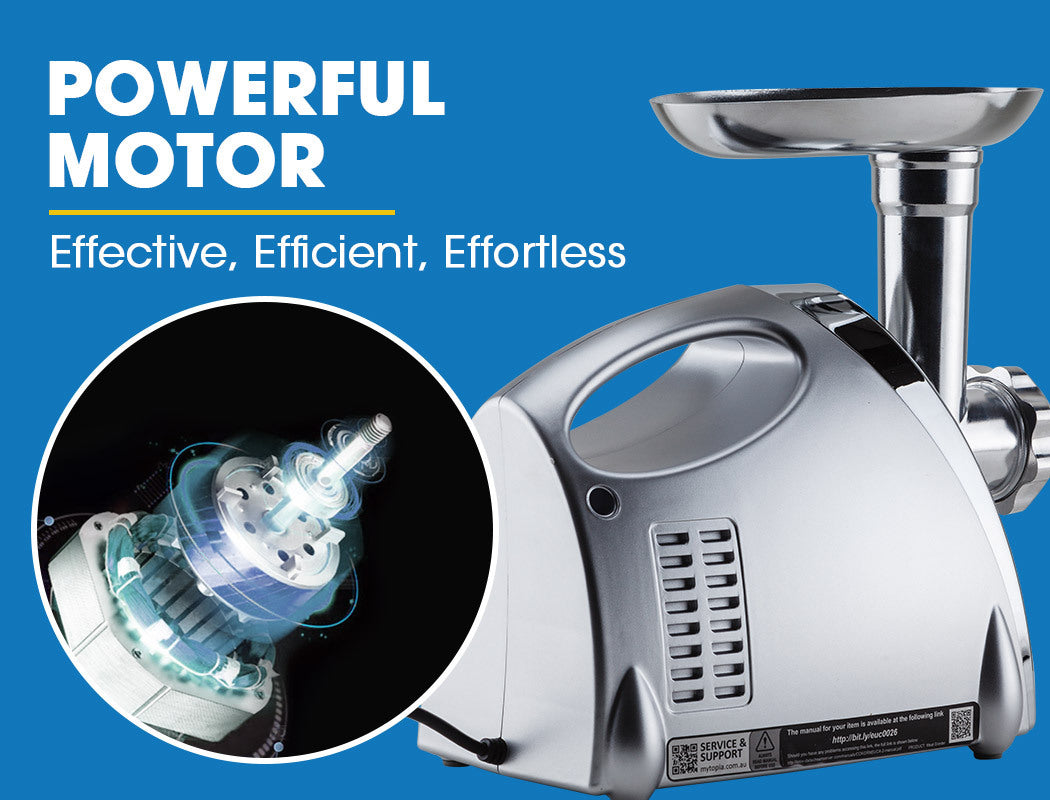Silver electric meat grinder shown with all included attachments