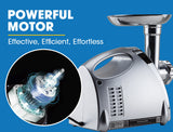 Silver electric meat grinder shown with all included attachments