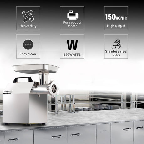 Front view of the MG950 Series II stainless steel commercial meat grinder