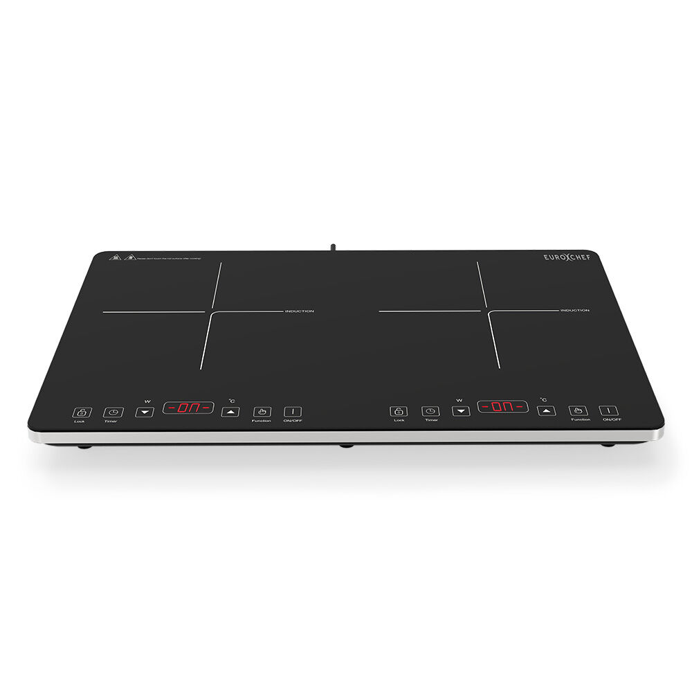 Portable double induction cooktop with two zones and black glass surface