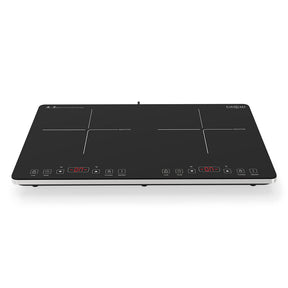 Portable double induction cooktop with two zones and black glass surface