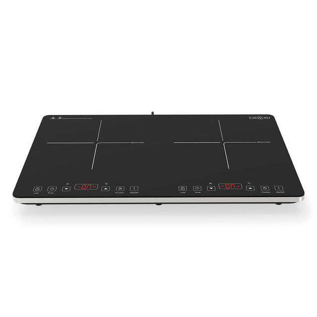 Portable double induction cooktop with two zones and black glass surface