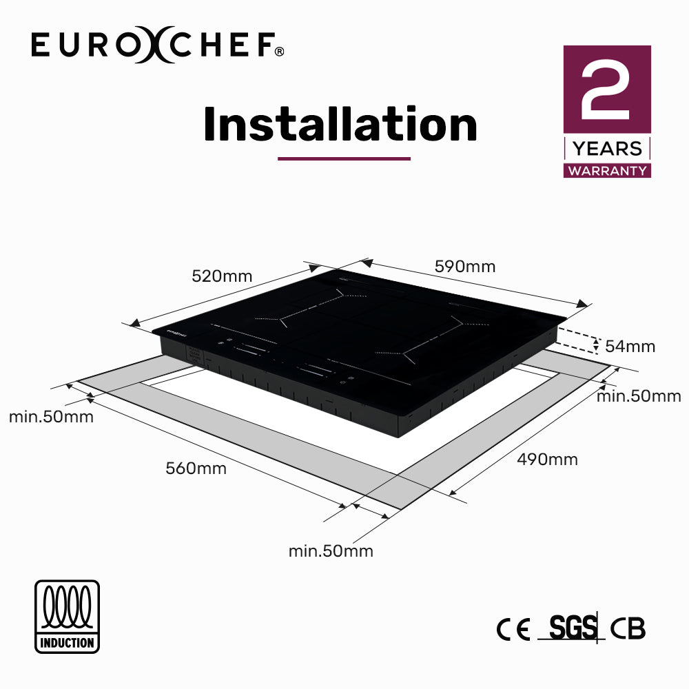 Overhead view of the induction cooktop showing four 185 mm zones