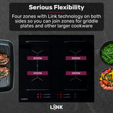 Two zones bridged into one cooking area for a griddle pan