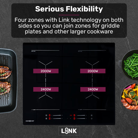 Two zones bridged into one cooking area for a griddle pan